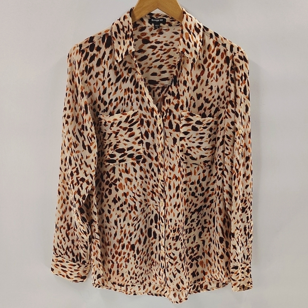 Express Animal Print Top Size Large Button Up V N… - image 1